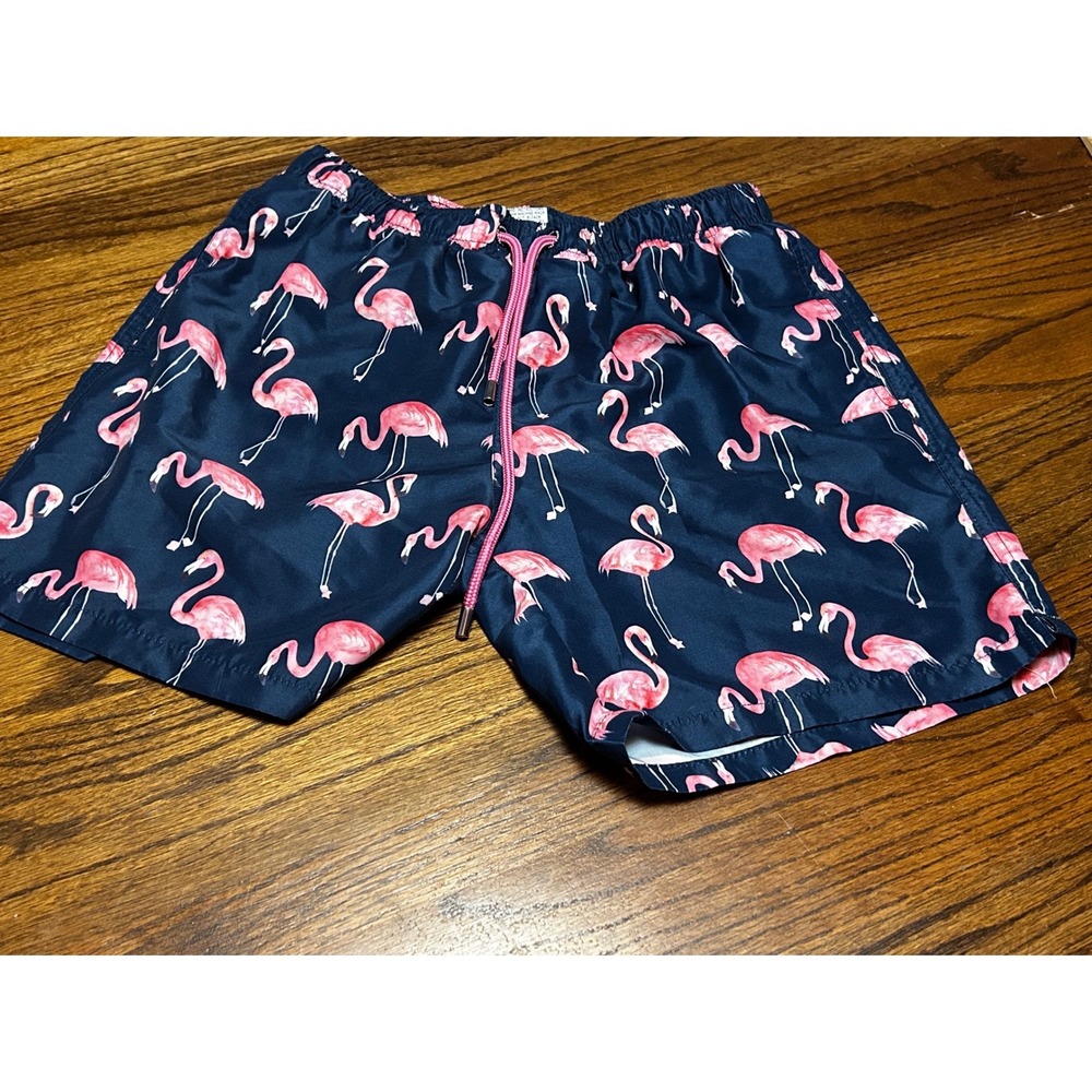 Franks Mens Swim Trunks Navy Blue Pink Flamingo Print Mesh Lined Shorts Size M